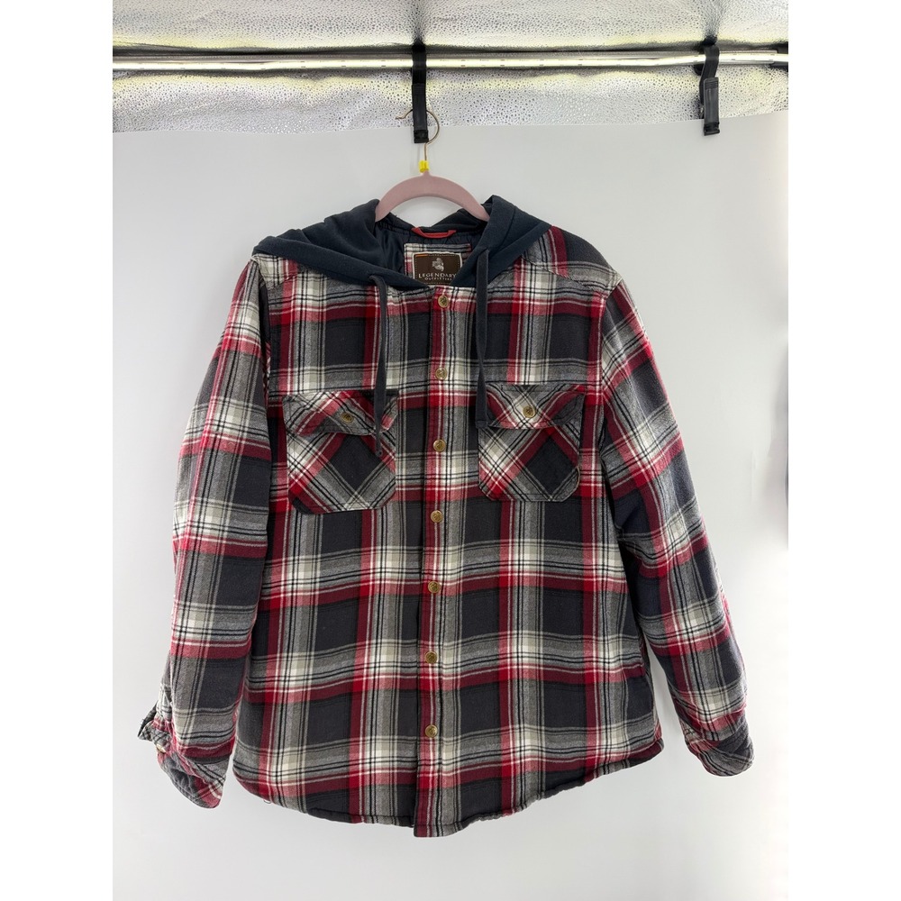 Legendary Outfitters Mens Hooded Flannel Shirt Jacket Quilted Plaid Red Large